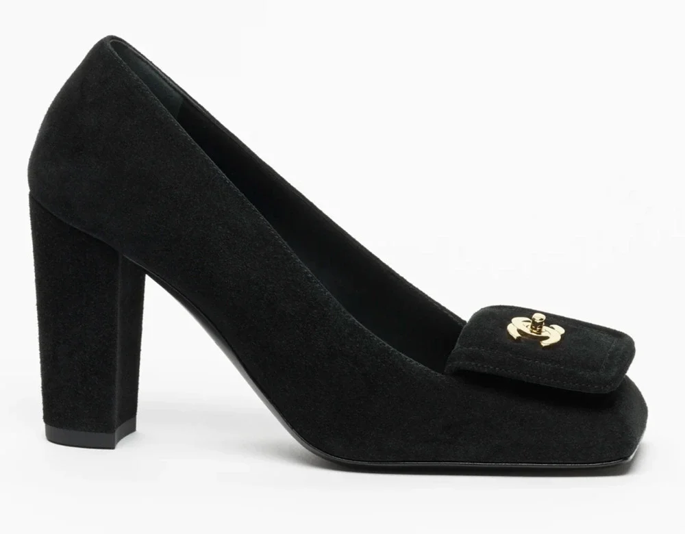 Chanel 26S Blazy Black Suede Square Toe Turnlock Gold CC Logo Block Heel Pump 38
